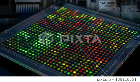 Detailed dna microarray chip or gene chip, representing genetic research, molecular biology, and genomic analysis for scientific applications 138116351