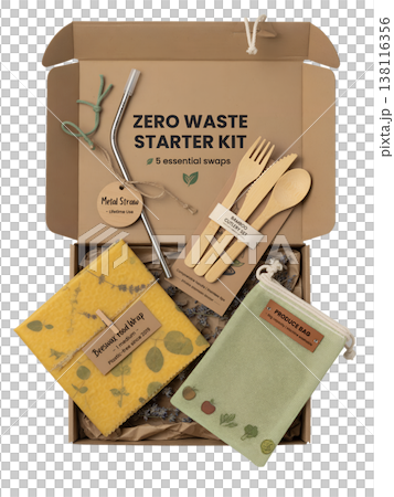 Eco-friendly reusable cutlery set including fork, knife, spoon, and straw packaged in a natural cardboard box, representing zero waste lifestyle 138116356