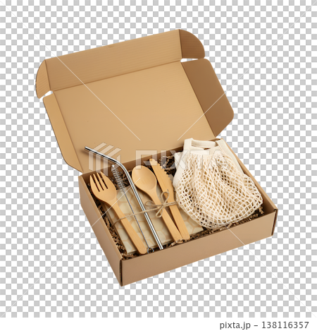 Eco-friendly reusable cutlery set including fork, knife, spoon, and straw packaged in a natural cardboard box, representing zero waste lifestyle 138116357