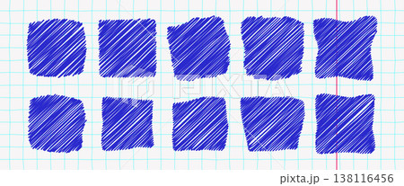 Chaotic pen scribble set with rough brush scratches and playful doodle shapes. Expressive messy strokes create dynamic abstract textures for bold modern layouts. 138116456