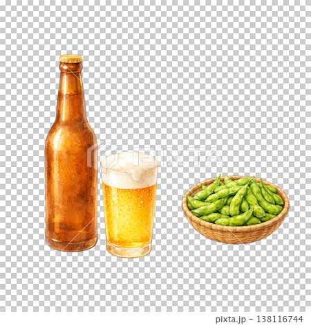 簡單的食材:啤酒和毛豆。居酒屋風格的小點心套餐。白色背景。 簡單的食材:啤酒和毛豆。居酒屋風格的小點心套餐。白色背景。 138116744