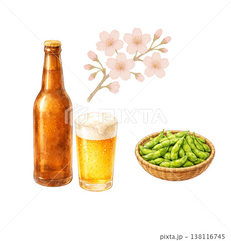 ビールと枝豆と桜のシンプル素材 春の居酒屋イメージ 花見晩酌 白背景 ビールと枝豆と桜のシンプル素材 春の居酒屋イメージ 花見晩酌 白背景 138116745