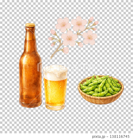 ビールと枝豆と桜のシンプル素材 春の居酒屋イメージ 花見晩酌 白背景 ビールと枝豆と桜のシンプル素材 春の居酒屋イメージ 花見晩酌 白背景 138116745