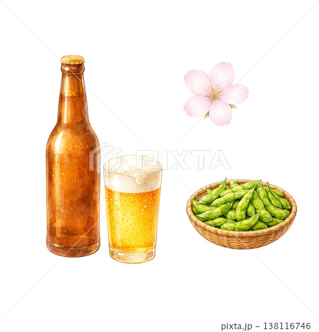ビールと枝豆と桜のシンプル素材 花見のおつまみイメージ 春の晩酌 白背景 ビールと枝豆と桜のシンプル素材 花見のおつまみイメージ 春の晩酌 白背景 138116746