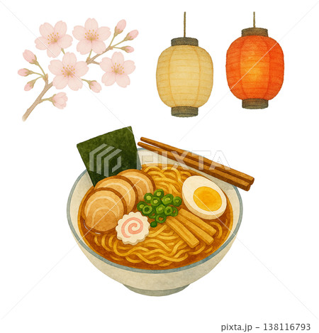 ラーメンと提灯と桜のシンプル素材 春の和風グルメイメージ 屋台ラーメン 白背景 138116793