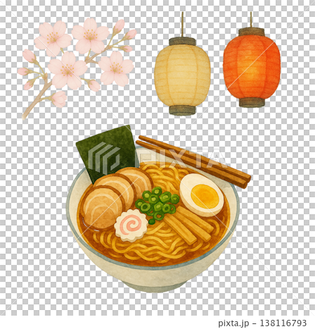ラーメンと提灯と桜のシンプル素材 春の和風グルメイメージ 屋台ラーメン 白背景 138116793