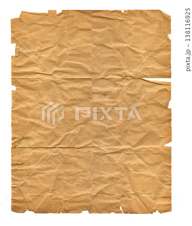 Heavily brown wrinkled paper sheet isolated on white Heavily brown wrinkled paper sheet isolated on white 138116925