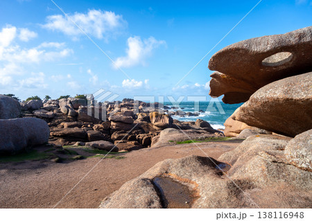 Granite head rock near Mean Ruz on Tregastel coast, Brittany, France 138116948