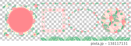 熱帶植物剪影邊框，以粉紅色花朵和葉子為特色 - 夏季自然邊框背景素材 138117131