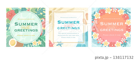 夏のトロピカルな南国植物の背景フレーム_正方形・真四角のおしゃれな広告 夏のトロピカルな南国植物の背景フレーム_正方形・真四角のおしゃれな広告 138117132