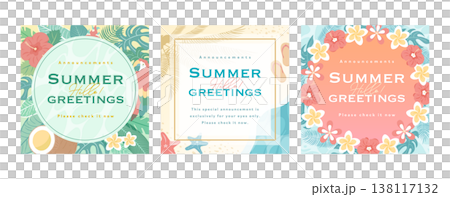 夏のトロピカルな南国植物の背景フレーム_正方形・真四角のおしゃれな広告 夏のトロピカルな南国植物の背景フレーム_正方形・真四角のおしゃれな広告 138117132