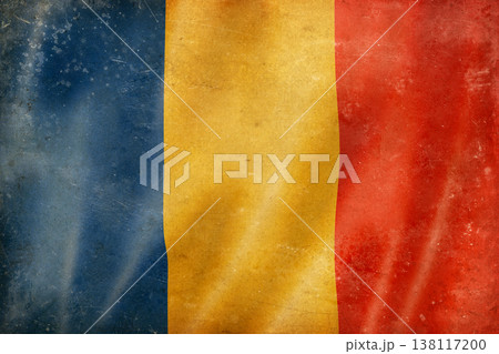 Old vintage flag of Romania, worn and stained 138117200