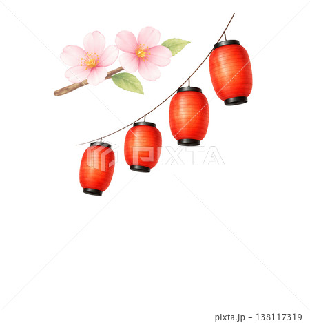 提灯と桜のシンプル素材 春の和風祭り装飾デザイン 縁日イメージ 白背景 提灯と桜のシンプル素材 春の和風祭り装飾デザイン 縁日イメージ 白背景 138117319