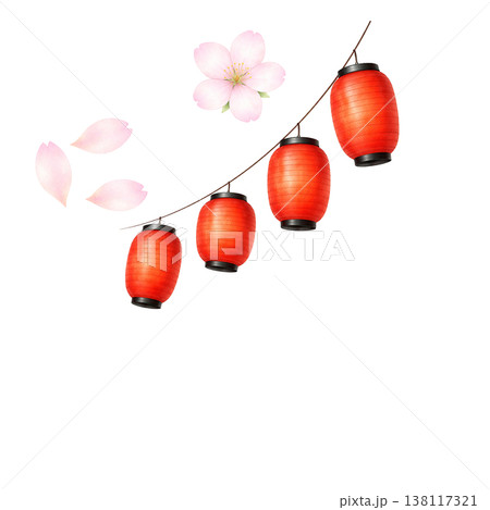 提灯と桜のシンプル素材 春の和風祭り装飾デザイン 縁日イメージ 白背景 提灯と桜のシンプル素材 春の和風祭り装飾デザイン 縁日イメージ 白背景 138117321