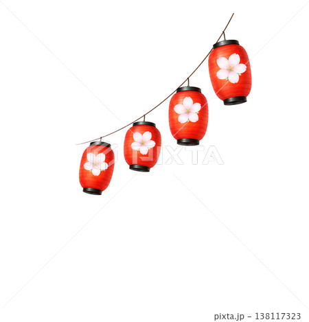 提灯と桜のシンプル素材 春の和風祭り装飾デザイン 縁日イメージ 白背景 138117323