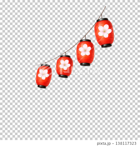 提灯と桜のシンプル素材 春の和風祭り装飾デザイン 縁日イメージ 白背景 138117323