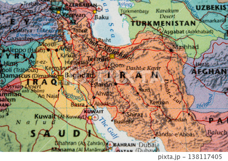 Bangkok, Thailand  January 20, 2024 Iran, close up with colorful world map, travel, geography, tourism and exploration. 138117405