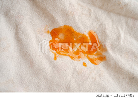 Dirty tomato sauce stain or ketchup on cloth. Dirty tomato sauce stain or ketchup on cloth. 138117408