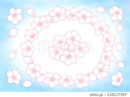 桜の花の素材_楕円_真ん中桜の束_背景水色 138117567