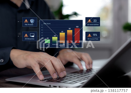 Person using laptop with virtual cybersecurity risk dashboard, threat monitoring and vulnerability management interface 138117757