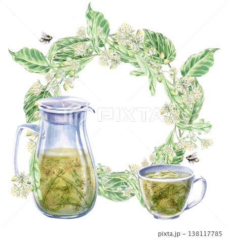 Jug and cup with linden tea and a wreath of linden flowers and a bee. Isolated watercolor illustration for the design of pharmaceutical, cosmetic, eco-friendly products and beverages, food products. Jug and cup with linden tea and a wreath of linden flowers and a bee. Isolated watercolor illustration for the design of pharmaceutical, cosmetic, eco-friendly products and beverages, food products. 138117785