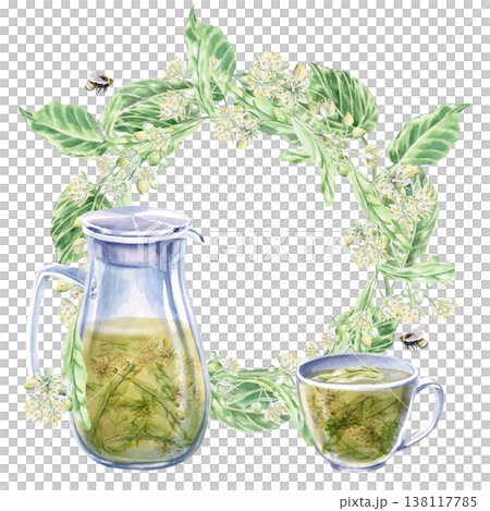 Jug and cup with linden tea and a wreath of linden flowers and a bee. Isolated watercolor illustration for the design of pharmaceutical, cosmetic, eco-friendly products and beverages, food products. Jug and cup with linden tea and a wreath of linden flowers and a bee. Isolated watercolor illustration for the design of pharmaceutical, cosmetic, eco-friendly products and beverages, food products. 138117785