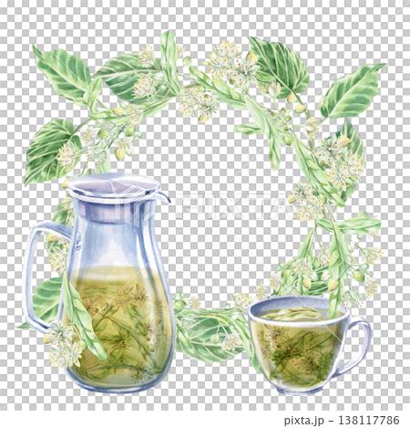Jug and cup with linden tea and wreath of linden flowers. Isolated watercolor illustration for design of pharmaceutical, cosmetic, eco-friendly products and beverages, food products. Jug and cup with linden tea and wreath of linden flowers. Isolated watercolor illustration for design of pharmaceutical, cosmetic, eco-friendly products and beverages, food products. 138117786