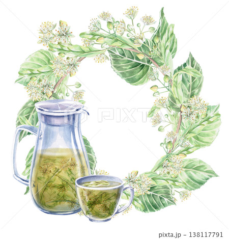 Wreath of blossoming linden branches with a jug and a cup. Isolated watercolor illustration for the design of pharmaceutical products, cosmetics, eco-friendly products and drinks, food, health. Wreath of blossoming linden branches with a jug and a cup. Isolated watercolor illustration for the design of pharmaceutical products, cosmetics, eco-friendly products and drinks, food, health. 138117791
