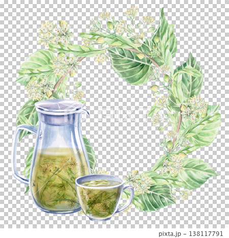 Wreath of blossoming linden branches with a jug and a cup. Isolated watercolor illustration for the design of pharmaceutical products, cosmetics, eco-friendly products and drinks, food, health. Wreath of blossoming linden branches with a jug and a cup. Isolated watercolor illustration for the design of pharmaceutical products, cosmetics, eco-friendly products and drinks, food, health. 138117791