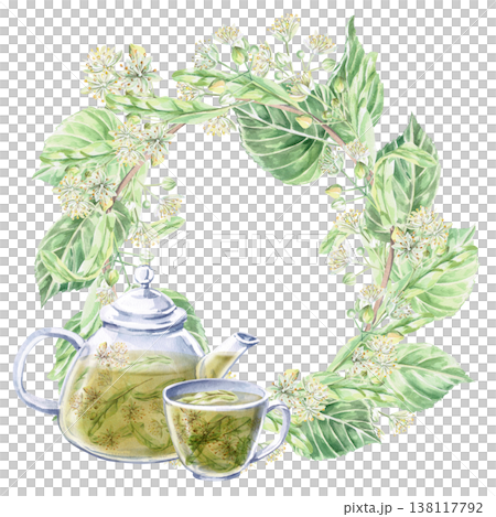 Wreath of blossoming linden branches with teapot and cup. Isolated watercolor illustration for pharmaceutical, cosmetic, eco-friendly products and beverages, food, health design. Wreath of blossoming linden branches with teapot and cup. Isolated watercolor illustration for pharmaceutical, cosmetic, eco-friendly products and beverages, food, health design. 138117792