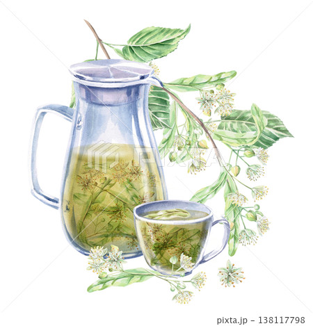 Jug and cup with linden tea, linden branches and flowers. Isolated watercolor illustration for the design of pharmaceutical products, cosmetics, organic products and beverages, food, health. Jug and cup with linden tea, linden branches and flowers. Isolated watercolor illustration for the design of pharmaceutical products, cosmetics, organic products and beverages, food, health. 138117798