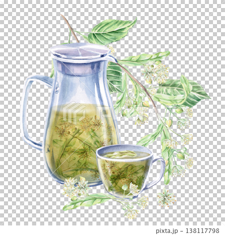 Jug and cup with linden tea, linden branches and flowers. Isolated watercolor illustration for the design of pharmaceutical products, cosmetics, organic products and beverages, food, health. Jug and cup with linden tea, linden branches and flowers. Isolated watercolor illustration for the design of pharmaceutical products, cosmetics, organic products and beverages, food, health. 138117798