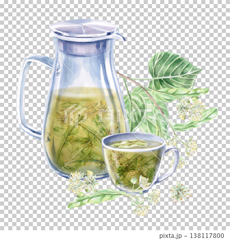 Jug and cup with linden tea and linden branches and flowers. Isolated watercolor illustration for pharmaceutical, cosmetic, eco-friendly products and beverages, food, health, essential oils design. Jug and cup with linden tea and linden branches and flowers. Isolated watercolor illustration for pharmaceutical, cosmetic, eco-friendly products and beverages, food, health, essential oils design. 138117800