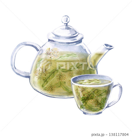 Teapot and cup with linden tea. Isolated watercolor illustration is suitable for the design of pharmaceutical products, cosmetics, eco-friendly products and beverages, food, health, essential oils. Teapot and cup with linden tea. Isolated watercolor illustration is suitable for the design of pharmaceutical products, cosmetics, eco-friendly products and beverages, food, health, essential oils. 138117804