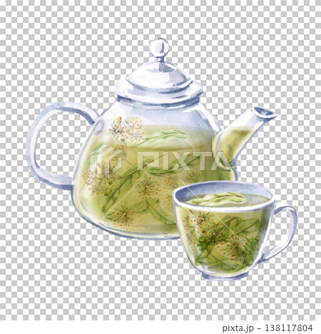 Teapot and cup with linden tea. Isolated watercolor illustration is suitable for the design of pharmaceutical products, cosmetics, eco-friendly products and beverages, food, health, essential oils. Teapot and cup with linden tea. Isolated watercolor illustration is suitable for the design of pharmaceutical products, cosmetics, eco-friendly products and beverages, food, health, essential oils. 138117804