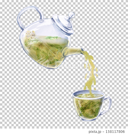 Teapot pouring linden tea into a cup. Isolated watercolor illustration is suitable for pharmaceutical, cosmetic, eco-friendly products and beverages, food, health, essential oils design. Teapot pouring linden tea into a cup. Isolated watercolor illustration is suitable for pharmaceutical, cosmetic, eco-friendly products and beverages, food, health, essential oils design. 138117806