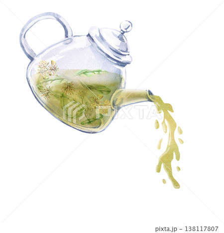 Teapot pouring linden tea. Isolated watercolor illustration is suitable for pharmaceutical, cosmetic, eco-friendly products and beverages, food, health, essential oils design. 138117807