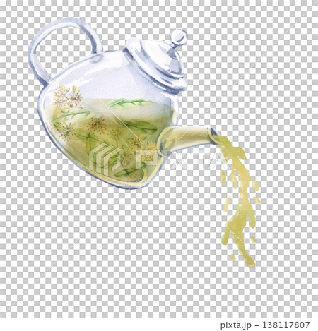 Teapot pouring linden tea. Isolated watercolor illustration is suitable for pharmaceutical, cosmetic, eco-friendly products and beverages, food, health, essential oils design. 138117807