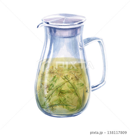 Jug of linden tea. Isolated watercolor illustration is suitable for the design of pharmaceutical products, cosmetics, eco-friendly products and beverages, food, health, essential oils. Jug of linden tea. Isolated watercolor illustration is suitable for the design of pharmaceutical products, cosmetics, eco-friendly products and beverages, food, health, essential oils. 138117809