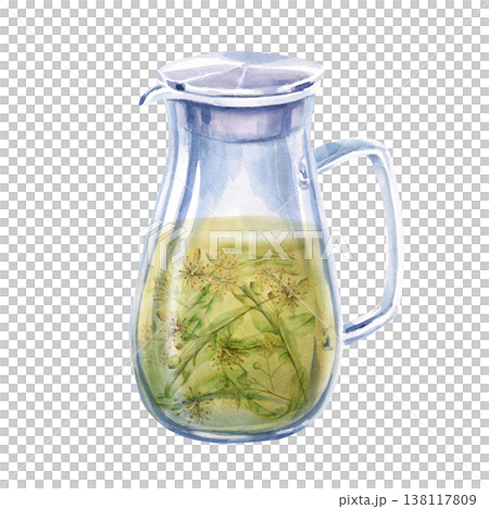 Jug of linden tea. Isolated watercolor illustration is suitable for the design of pharmaceutical products, cosmetics, eco-friendly products and beverages, food, health, essential oils. Jug of linden tea. Isolated watercolor illustration is suitable for the design of pharmaceutical products, cosmetics, eco-friendly products and beverages, food, health, essential oils. 138117809
