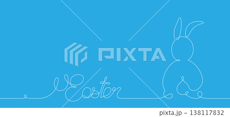 Easter Bunny banner in white ine art style, Minimalist design, Continuous One Line Drawing Bunny for Spring Concept Card, vector illustration isolated on blue background, copy space for text Easter Bunny banner in white ine art style, Minimalist design, Continuous One Line Drawing Bunny for Spring Concept Card, vector illustration isolated on blue background, copy space for text 138117832