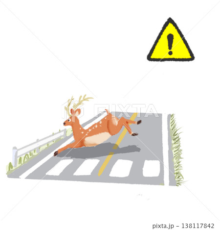 鹿の飛び出し注意イラスト 道路横断と注意喚起マーク 鹿の飛び出し注意イラスト 道路横断と注意喚起マーク 138117842
