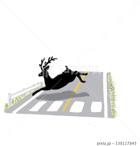 鹿の横断シルエット　道路とシカ　動物注意アイコン　交通安全素材 138117843
