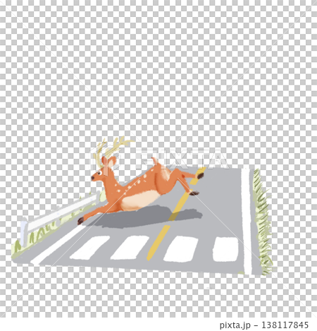 鹿過馬路的剪影;道路和鹿;動物警告圖示;交通安全宣傳資料。 鹿過馬路的剪影;道路和鹿;動物警告圖示;交通安全宣傳資料。 138117845