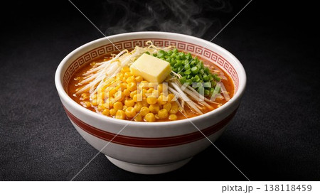 黒背景に映えるコーンバター味噌ラーメンのシズル表現 138118459