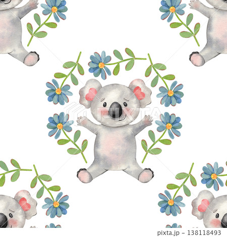 Hand-painted watercolor seamless pattern with funny koala, blue flower wreath isolated on white. Cute, playful design perfect for kids products, nursery decor, textile, packaging, stationery, branding Hand-painted watercolor seamless pattern with funny koala, blue flower wreath isolated on white. Cute, playful design perfect for kids products, nursery decor, textile, packaging, stationery, branding 138118493