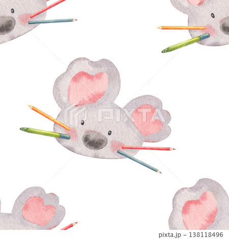Seamless pattern, funny koalas with pencil mustaches. Hand-painted watercolor illustration isolated on white. Cute, quirky design perfect for kids products, stationery, textiles, packaging, branding 138118496