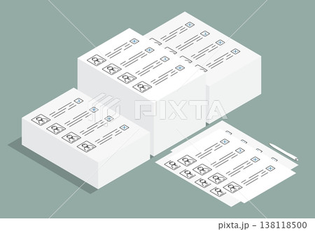 Isometric stacks of voting forms filled out by voters and ready for counting. Cartoon 3D vector concept isolated on green background 138118500