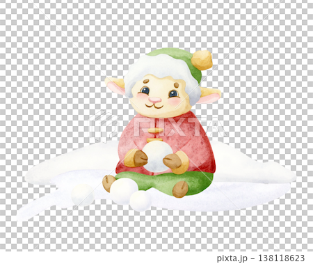 Baby lamb making snowball near snowdrift isolated watercolor illustration. Hand drawn small cartoon sheep in winter clothes and hat clip art. Christmas and New year holidays card for kids 138118623