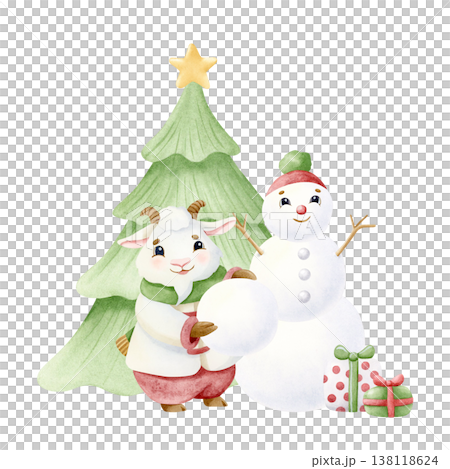 Watercolor snowman with goat, gift boxes and Christmas tree isolated illustration. New Year 2027 symbolic animal hand drawn holiday cartoon clip art in pastel colors for holiday greeting cards Watercolor snowman with goat, gift boxes and Christmas tree isolated illustration. New Year 2027 symbolic animal hand drawn holiday cartoon clip art in pastel colors for holiday greeting cards 138118624